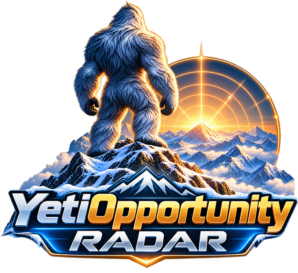 Rear-facing Yeti standing on a mountain looking towards new opportunities