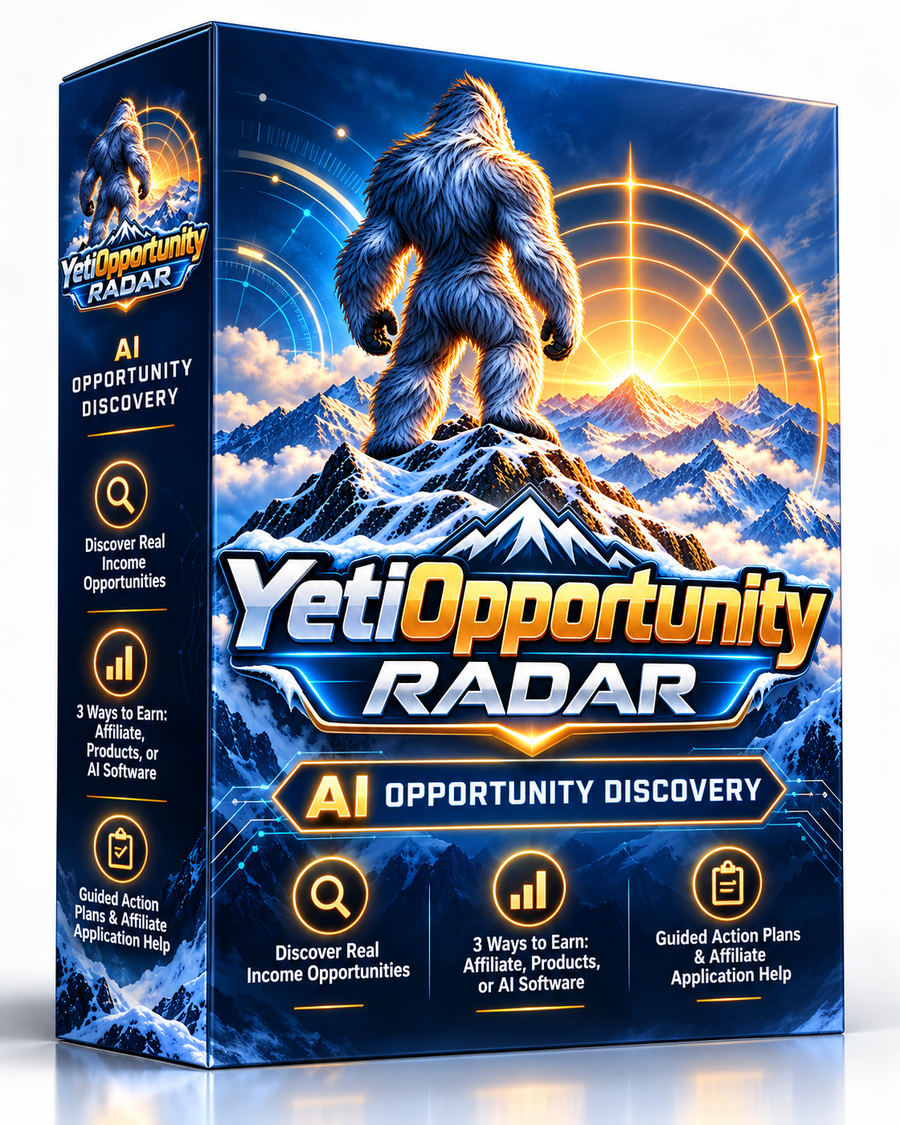 YetiOpportunityRadar software box, featuring the mountain yeti and three earning routes