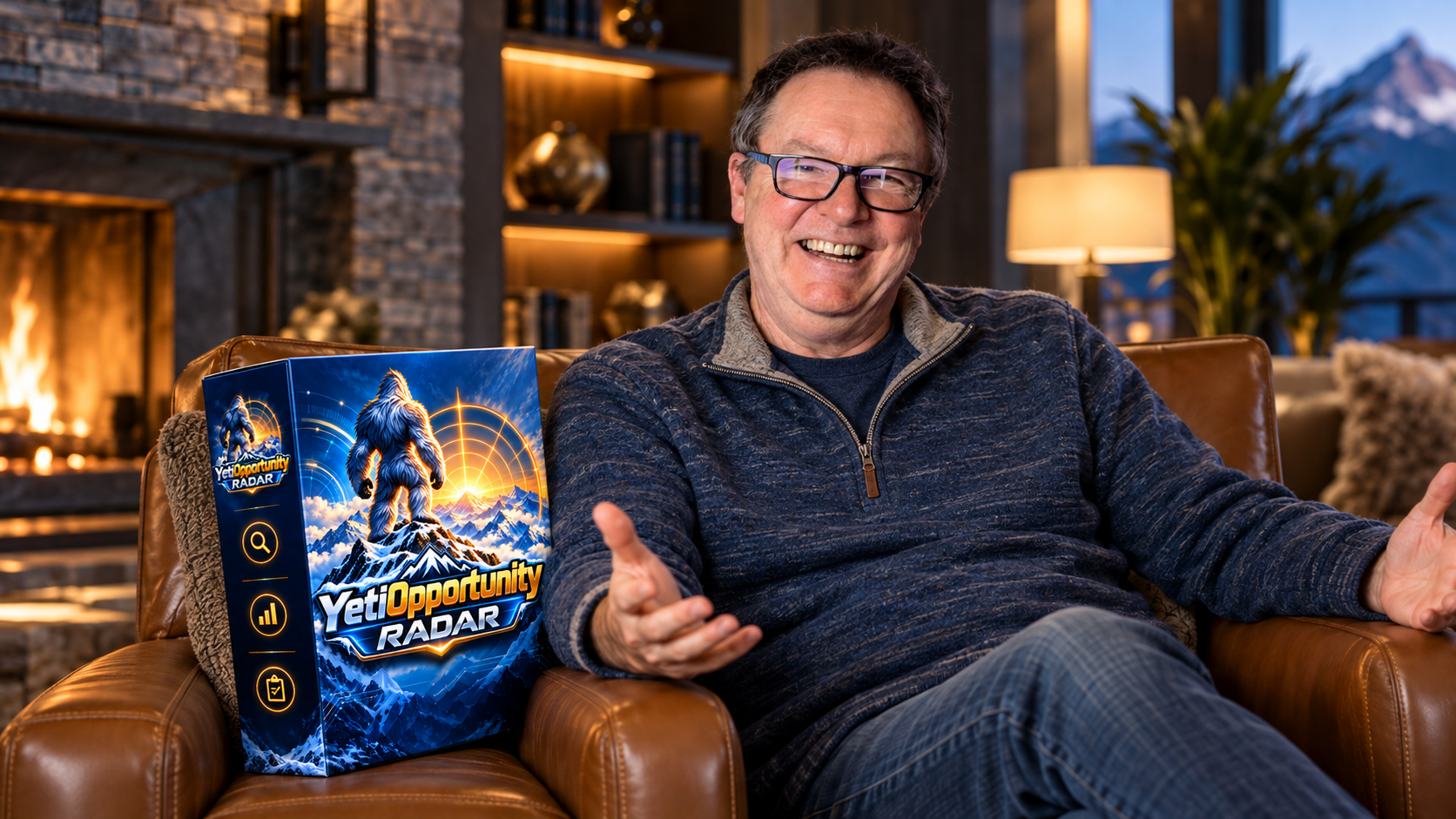 Craig seated in a warm lounge beside a YetiOpportunityRadar product box mockup